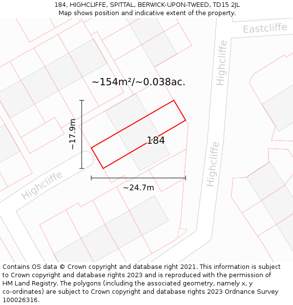 184, HIGHCLIFFE, SPITTAL, BERWICK-UPON-TWEED, TD15 2JL: Plot and title map