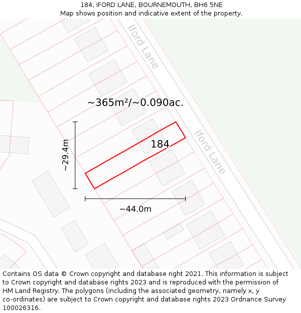 184, IFORD LANE, BOURNEMOUTH, BH6 5NE: Plot and title map