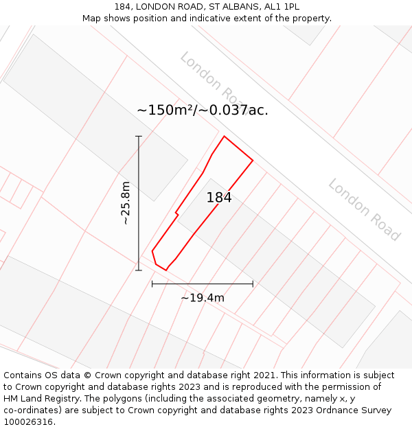 184, LONDON ROAD, ST ALBANS, AL1 1PL: Plot and title map