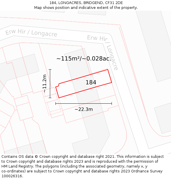 184, LONGACRES, BRIDGEND, CF31 2DE: Plot and title map