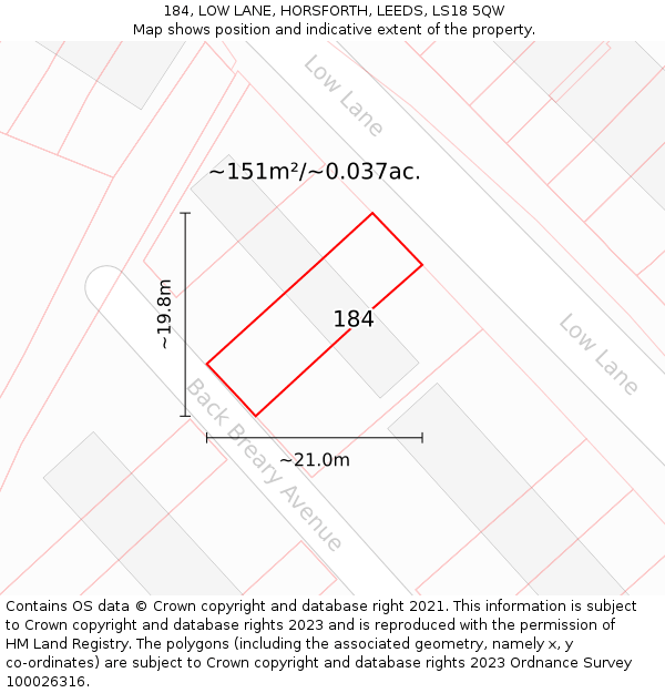 184, LOW LANE, HORSFORTH, LEEDS, LS18 5QW: Plot and title map
