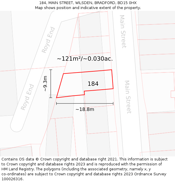184, MAIN STREET, WILSDEN, BRADFORD, BD15 0HX: Plot and title map