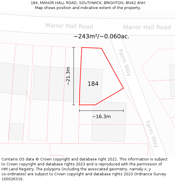 184, MANOR HALL ROAD, SOUTHWICK, BRIGHTON, BN42 4NH: Plot and title map