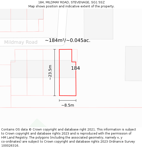 184, MILDMAY ROAD, STEVENAGE, SG1 5SZ: Plot and title map