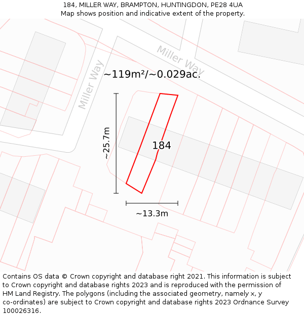 184, MILLER WAY, BRAMPTON, HUNTINGDON, PE28 4UA: Plot and title map