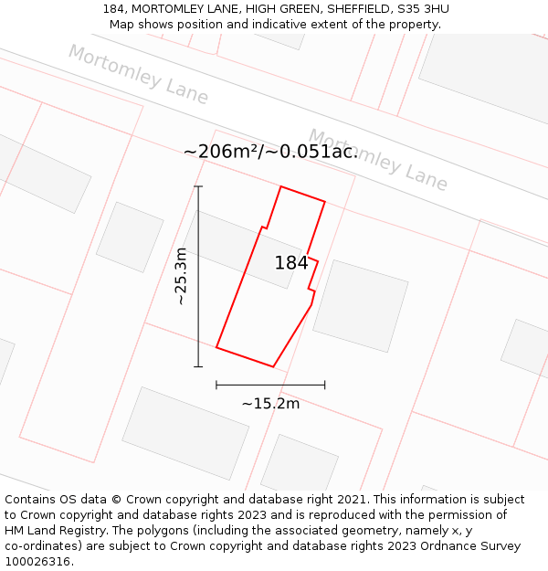 184, MORTOMLEY LANE, HIGH GREEN, SHEFFIELD, S35 3HU: Plot and title map