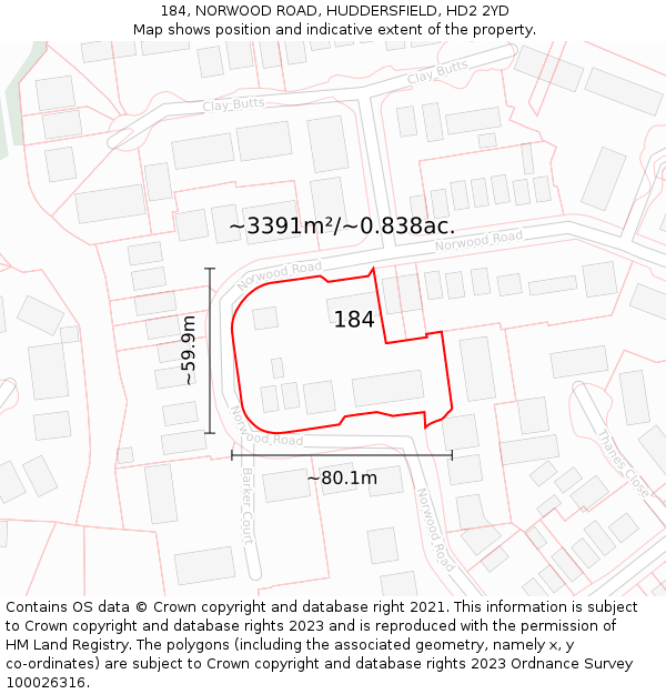 184, NORWOOD ROAD, HUDDERSFIELD, HD2 2YD: Plot and title map