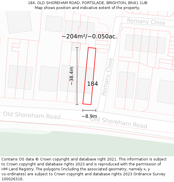 184, OLD SHOREHAM ROAD, PORTSLADE, BRIGHTON, BN41 1UB: Plot and title map