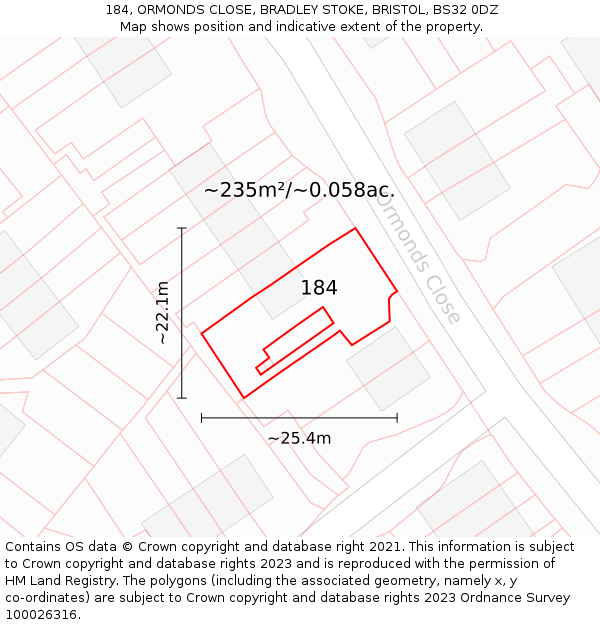 184, ORMONDS CLOSE, BRADLEY STOKE, BRISTOL, BS32 0DZ: Plot and title map