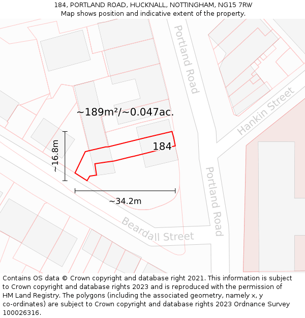 184, PORTLAND ROAD, HUCKNALL, NOTTINGHAM, NG15 7RW: Plot and title map