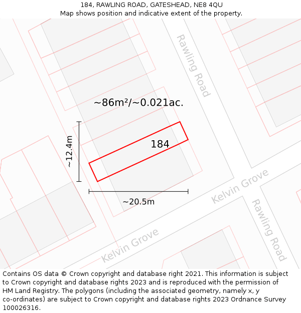 184, RAWLING ROAD, GATESHEAD, NE8 4QU: Plot and title map