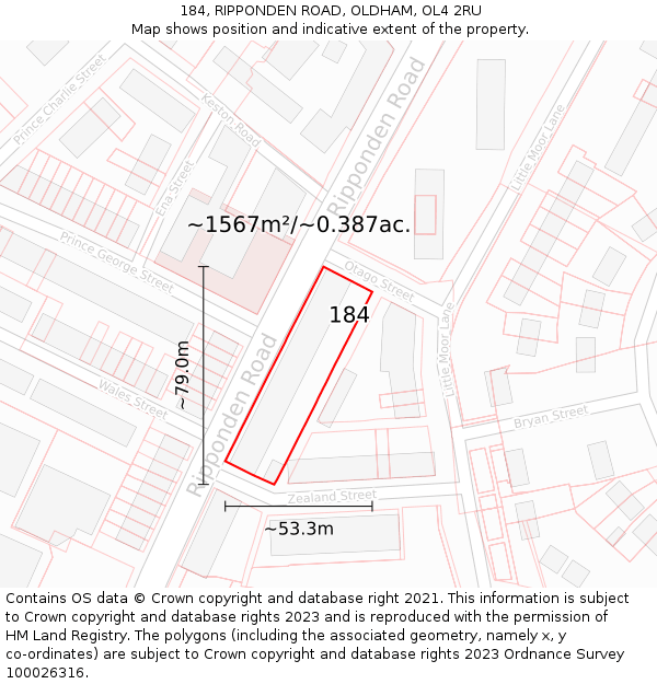 184, RIPPONDEN ROAD, OLDHAM, OL4 2RU: Plot and title map