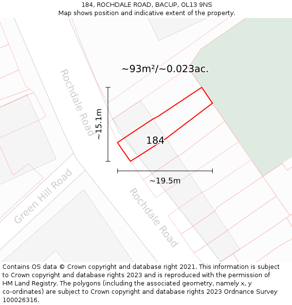 184, ROCHDALE ROAD, BACUP, OL13 9NS: Plot and title map