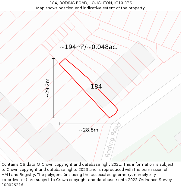 184, RODING ROAD, LOUGHTON, IG10 3BS: Plot and title map