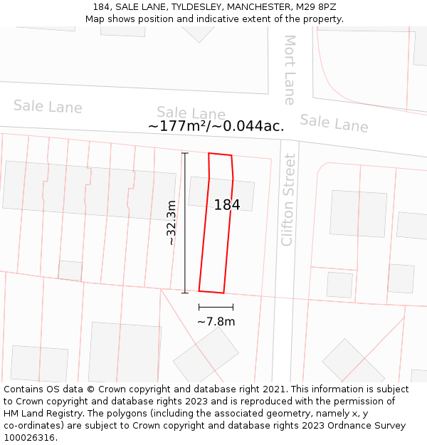 184, SALE LANE, TYLDESLEY, MANCHESTER, M29 8PZ: Plot and title map