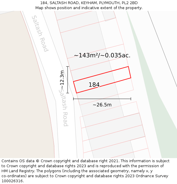 184, SALTASH ROAD, KEYHAM, PLYMOUTH, PL2 2BD: Plot and title map
