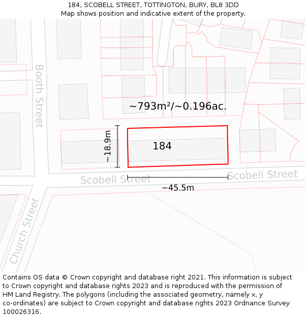 184, SCOBELL STREET, TOTTINGTON, BURY, BL8 3DD: Plot and title map