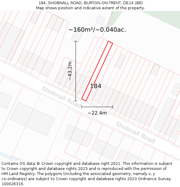 184, SHOBNALL ROAD, BURTON-ON-TRENT, DE14 2BD: Plot and title map