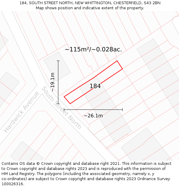184, SOUTH STREET NORTH, NEW WHITTINGTON, CHESTERFIELD, S43 2BN: Plot and title map