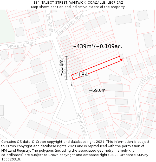 184, TALBOT STREET, WHITWICK, COALVILLE, LE67 5AZ: Plot and title map