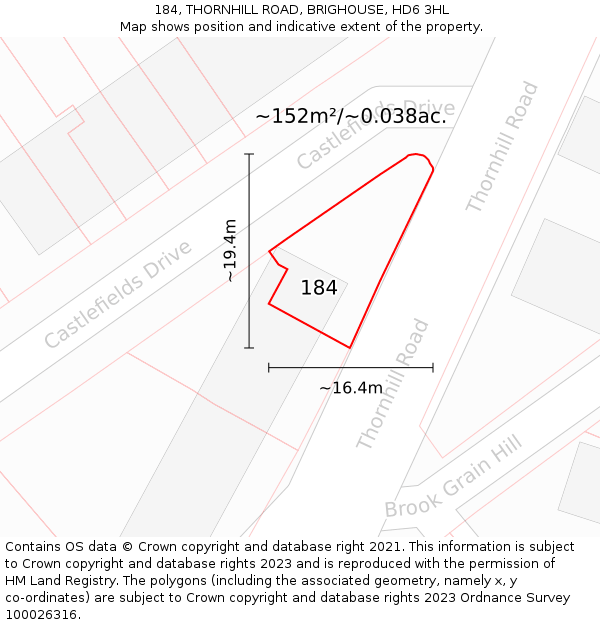 184, THORNHILL ROAD, BRIGHOUSE, HD6 3HL: Plot and title map