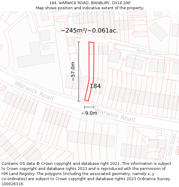 184, WARWICK ROAD, BANBURY, OX16 2AP: Plot and title map