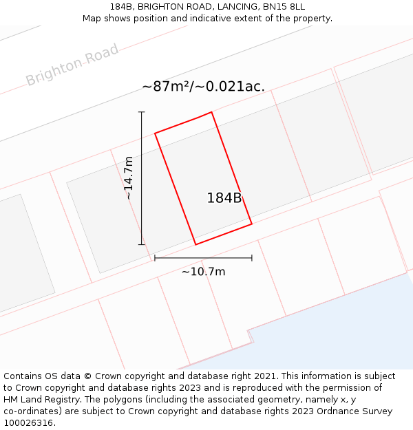 184B, BRIGHTON ROAD, LANCING, BN15 8LL: Plot and title map