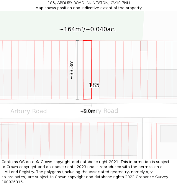 185, ARBURY ROAD, NUNEATON, CV10 7NH: Plot and title map