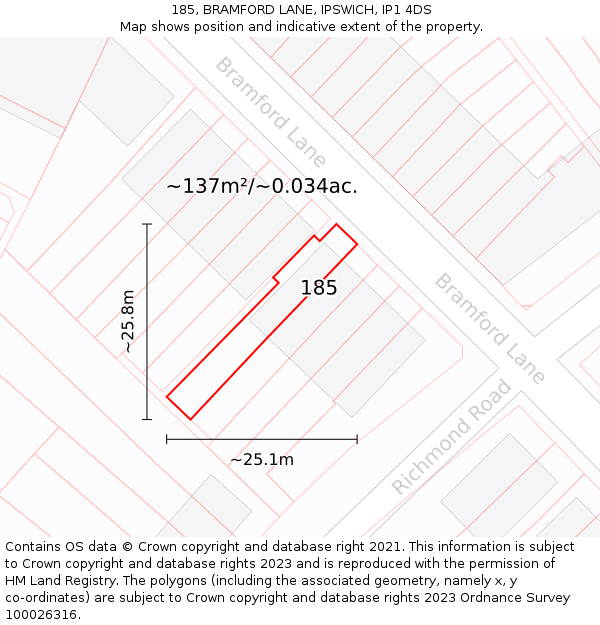185, BRAMFORD LANE, IPSWICH, IP1 4DS: Plot and title map