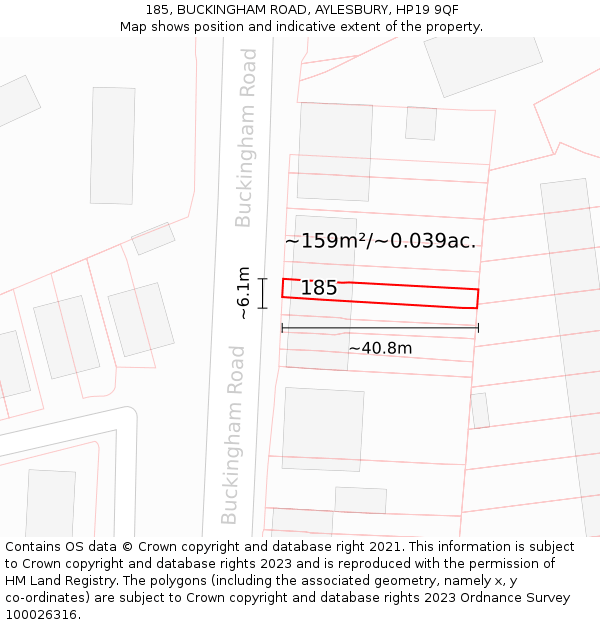 185, BUCKINGHAM ROAD, AYLESBURY, HP19 9QF: Plot and title map
