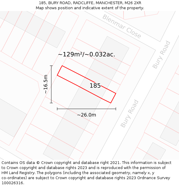 185, BURY ROAD, RADCLIFFE, MANCHESTER, M26 2XR: Plot and title map