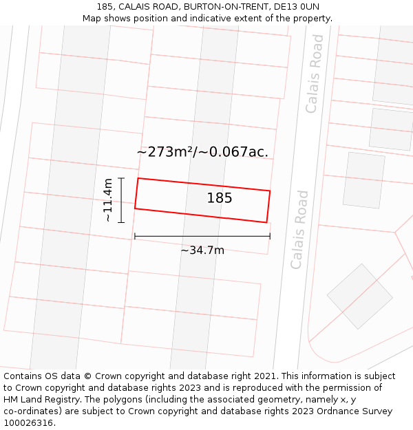185, CALAIS ROAD, BURTON-ON-TRENT, DE13 0UN: Plot and title map