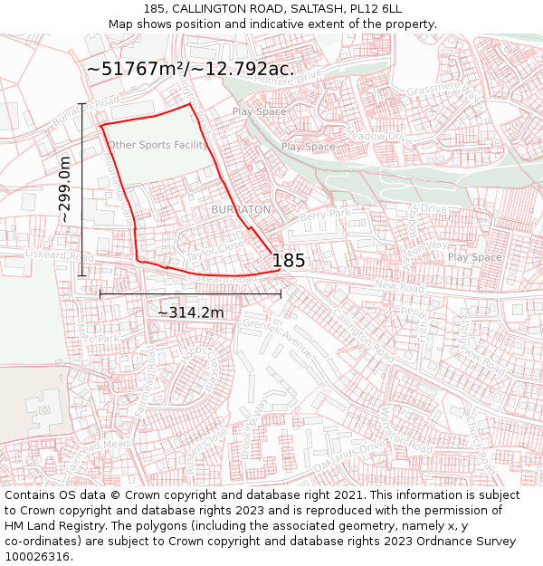 185, CALLINGTON ROAD, SALTASH, PL12 6LL: Plot and title map