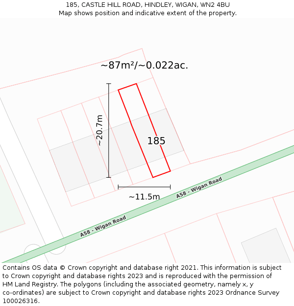 185, CASTLE HILL ROAD, HINDLEY, WIGAN, WN2 4BU: Plot and title map