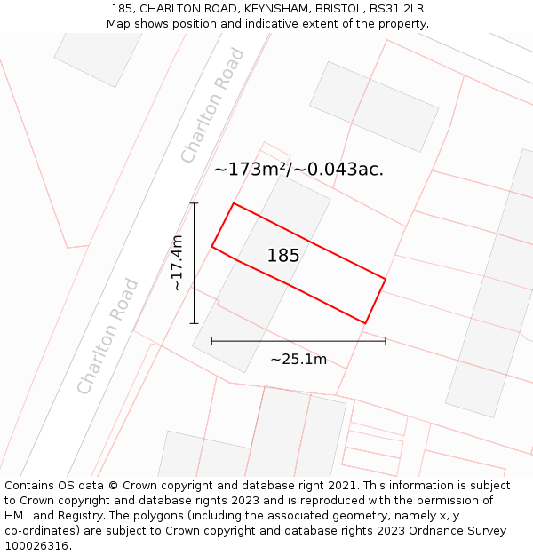 185, CHARLTON ROAD, KEYNSHAM, BRISTOL, BS31 2LR: Plot and title map