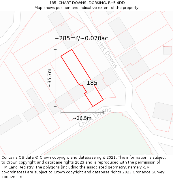 185, CHART DOWNS, DORKING, RH5 4DD: Plot and title map