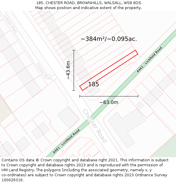 185, CHESTER ROAD, BROWNHILLS, WALSALL, WS8 6DS: Plot and title map