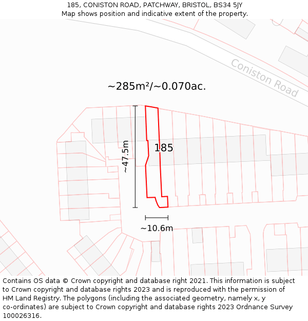 185, CONISTON ROAD, PATCHWAY, BRISTOL, BS34 5JY: Plot and title map