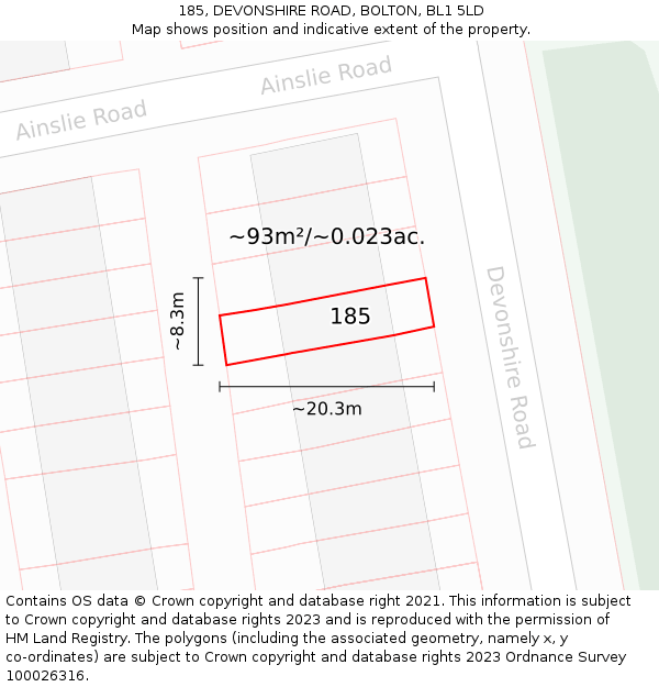 185, DEVONSHIRE ROAD, BOLTON, BL1 5LD: Plot and title map