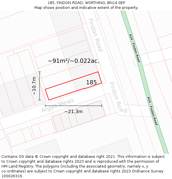 185, FINDON ROAD, WORTHING, BN14 0EP: Plot and title map