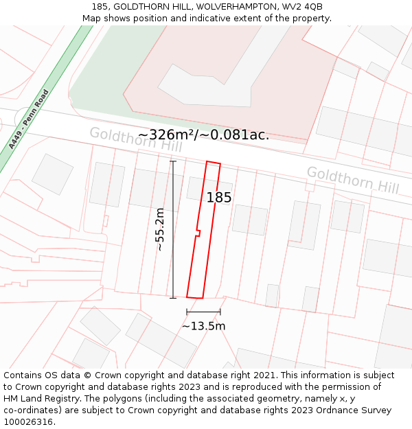 185, GOLDTHORN HILL, WOLVERHAMPTON, WV2 4QB: Plot and title map