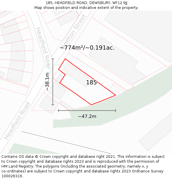 185, HEADFIELD ROAD, DEWSBURY, WF12 9JJ: Plot and title map