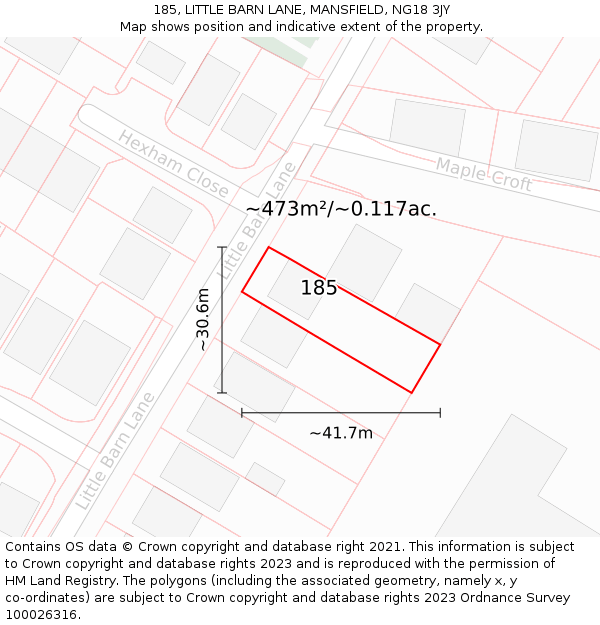 185, LITTLE BARN LANE, MANSFIELD, NG18 3JY: Plot and title map