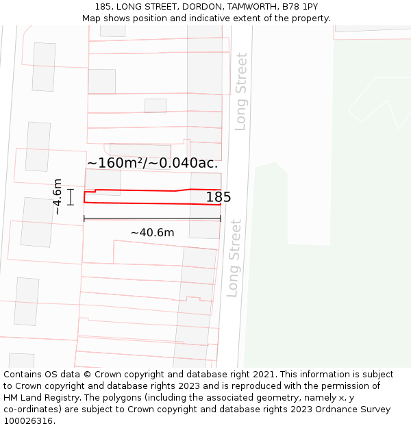 185, LONG STREET, DORDON, TAMWORTH, B78 1PY: Plot and title map