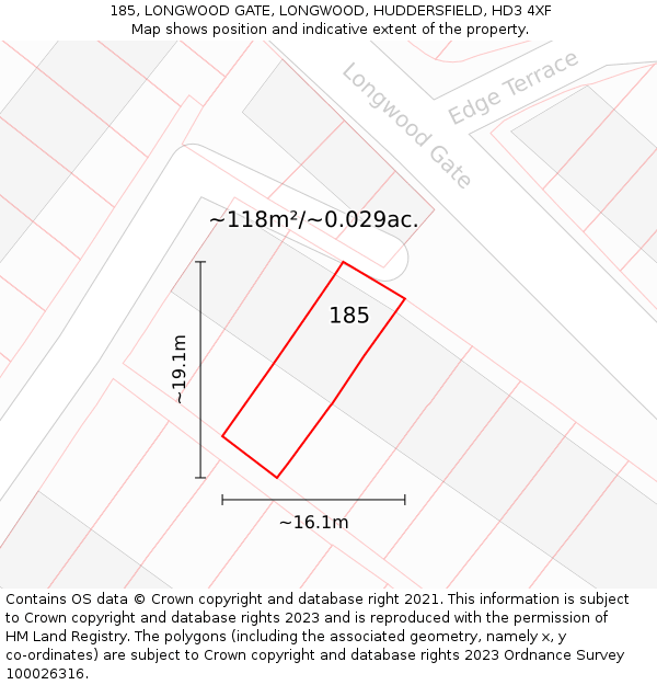 185, LONGWOOD GATE, LONGWOOD, HUDDERSFIELD, HD3 4XF: Plot and title map