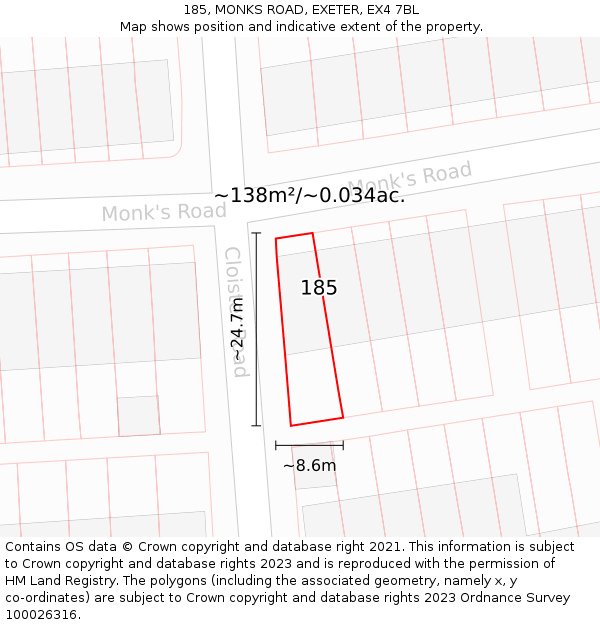 185, MONKS ROAD, EXETER, EX4 7BL: Plot and title map