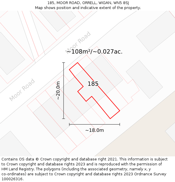 185, MOOR ROAD, ORRELL, WIGAN, WN5 8SJ: Plot and title map