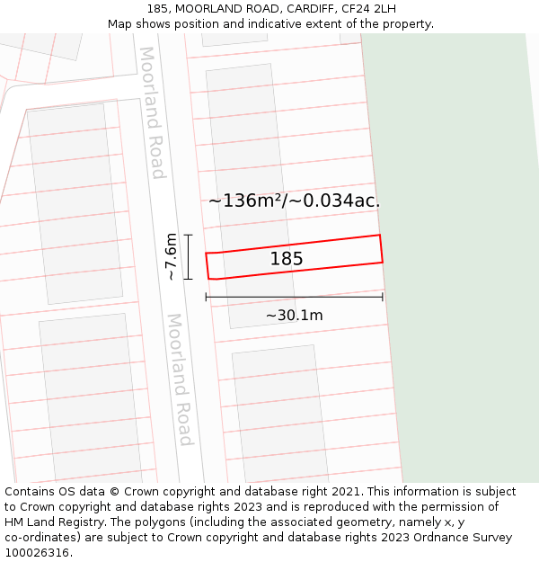 185, MOORLAND ROAD, CARDIFF, CF24 2LH: Plot and title map