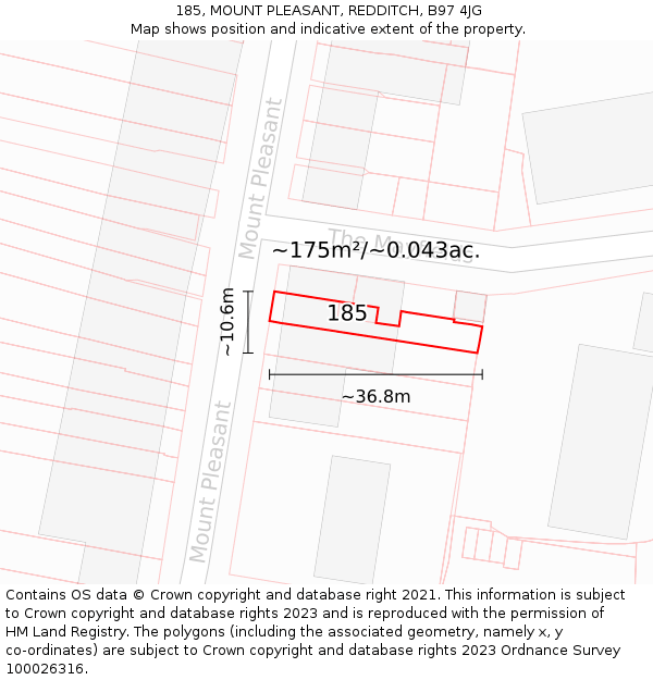 185, MOUNT PLEASANT, REDDITCH, B97 4JG: Plot and title map