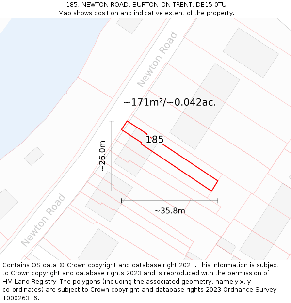 185, NEWTON ROAD, BURTON-ON-TRENT, DE15 0TU: Plot and title map